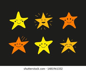 Set of doodle colored star happy character icons isolated on black background.