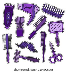 Set of doodle colored stickers for barber shop isolated on white background.