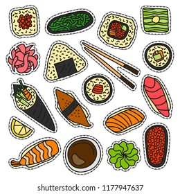 Set of doodle colored stickers or patches with sushi and rolls isolated on white background.