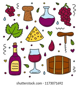 Set of doodle colored wine icons isolated on white background.