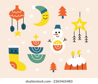 Set of doodle colorful boho Christmas icons isolated on beige background. New year decor, snowman, fir tree, Christmas sock, pie, moon and toy.
