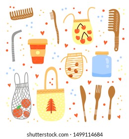 Set of doodle colorful ecological icons isolated on white background. Zero waste life concept.