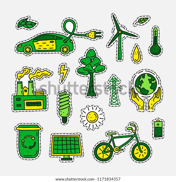 Set of doodle colorful\
ecology and environment stickers or patches isolated on grey\
background.