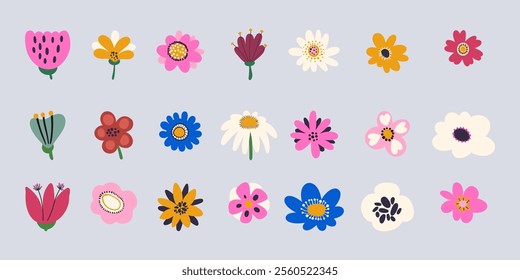 Set of Doodle Colorful Flowers. Spring plant icons. Cartoon stylized summer plants in hand drawn style. Sweet nature design for textile, fashion fabric, home decor, wall art, cards, print.