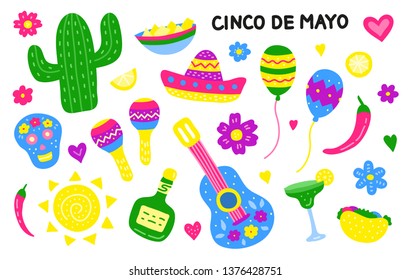 Set of doodle colorful icons for Cinco de mayo celebration isolated on white background.