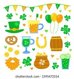 Set of doodle colorful items for Saint patrick's day celebration isolated on white background.