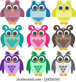 set of doodle colorful owls