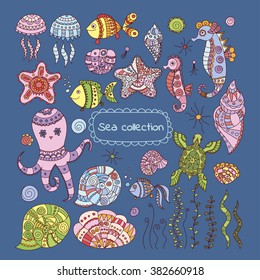 Set of doodle colorful sea elements