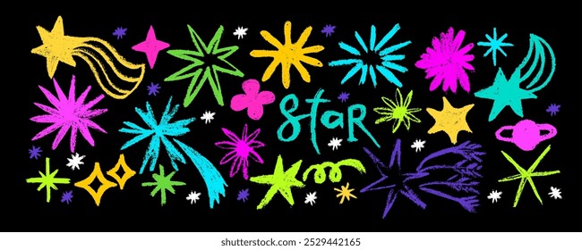 Situado com rabiscar estrelas coloridas e cometas. Estrelas mágicas desenhadas à mão de carvão. Estilo infantil de meteoroide, cometa e asteroide. 