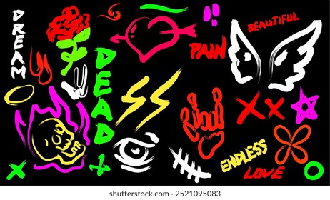 set of doodle colorful stickers punk rock and roll, love,skull,dream, pain. hand drawn illustration