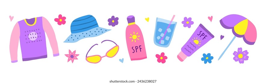 Set of doodle colorful sun safety and summer icons isolated on white background.