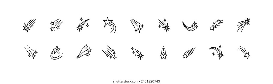 Set of doodle comets. Hand drawn falling stars. Sketchy night sky drawing. Simple cosmic line icons. Space meteor shooting. Asteroid tail. Crayon, ink, pen illustration. Galaxy star cluster.