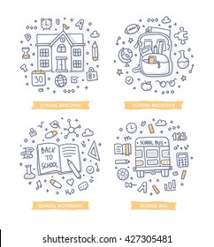 Conjunto de ilustraciones conceptuales del doodle sobre educación y aprendizaje con símbolos relacionados como construcción universitaria, mochila, cuaderno y autobús escolar