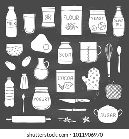 Set of doodle cooking, baking ingredients isolated on the blackboard.