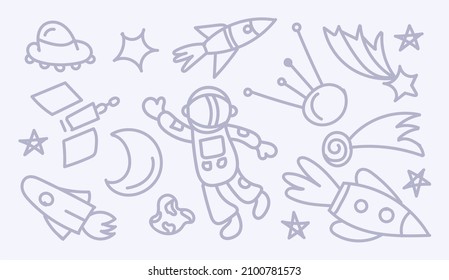 A set of Doodle cosmos illustrations, elements for any purpose. Spacecraft, planets, stars and UFOs. Print vector lines