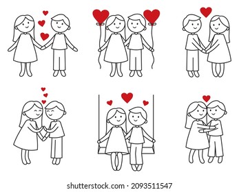 Set of doodle couple with heart. Collection of illustrations of a loving young couple. Love story. Future family. Colorful illustration for the children. People in love. Relationship. 