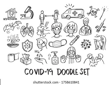 Set of Doodle Covid-19 Hand drawn Sketch line vector illustration