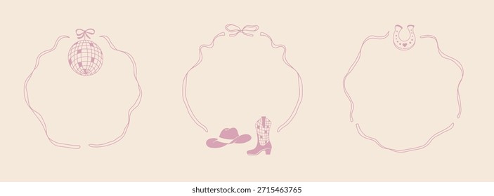 Conjunto de quadros de cowgirl doodle combinando vintage charme ocidental com elementos festivos. Ótimo para convites, adesivos e decoração de festa.