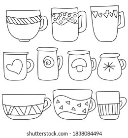 Set of doodle cozy cups and mugs with cute simple decor, anti stress coloring page with hygge utensils, vector illustration for design and creativity