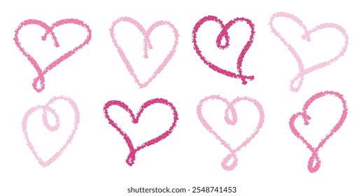 Set of doodle crayon drawn hearts. Cute Pink heart shapes. Child pencil drawings. Love romantic design element. Icon for card, invitation, sticker, logo Design. Valentines day symbol