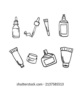 A set of doodle creams, serums, care cosmetics. Jars, tubes on a white background isolated