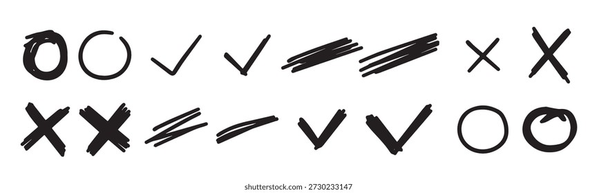 Set of doodle crosses, check, line, circle. Hand-drawn geometric shapes. Abstract sketch symbols.