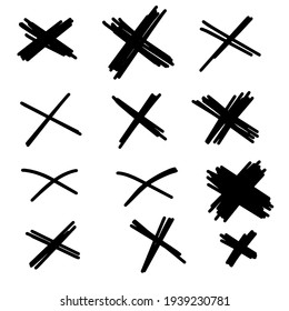 Set of doodle crosses. Hand-drawn different geometric shapes. Abstract sketch symbols.