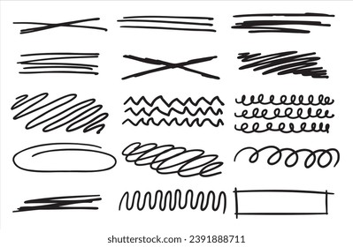 Set of doodle crosses, swirls, broken lines. Hand-drawn geometric shapes. Abstract sketch symbols.