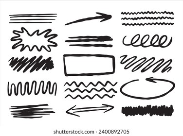 Set of doodle crosses, swirls, broken lines. Hand-drawn geometric shapes. Abstract sketch symbols.