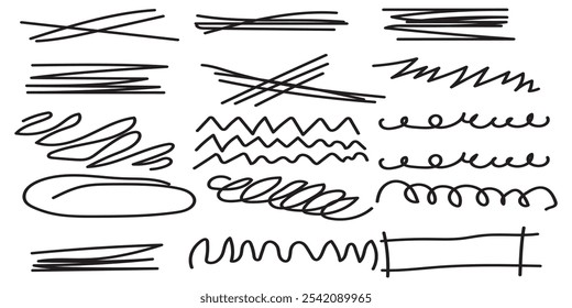 Set of doodle crosses, swirls, broken lines. Hand-drawn geometric shapes. Abstract sketch symbols.