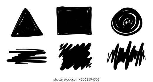 Set of doodle crosses, swirls, broken lines. Hand-drawn black geometric shapes. Abstract sketch symbols.