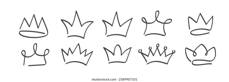 Set of Doodle Crown Icon. Hand drawn royal symbols of power and authority elements. Vector illustration on white background