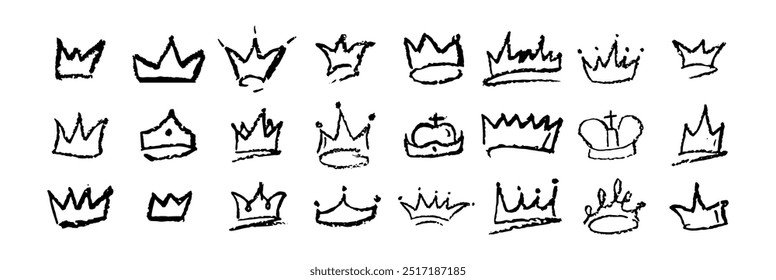 Set of doodle crowns drawn by wax pencil. Black royal headwear in graffiti style. Collection of hand drawn luxury doodle kid elements for rock or hip hop music poster design. Vector illustration