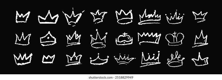 Set of doodle crowns drawn by wax pencil. White chalk royal headwear in graffiti style. Collection of hand drawn luxury doodle kid elements for rock or hip hop music poster design. Vector illustration