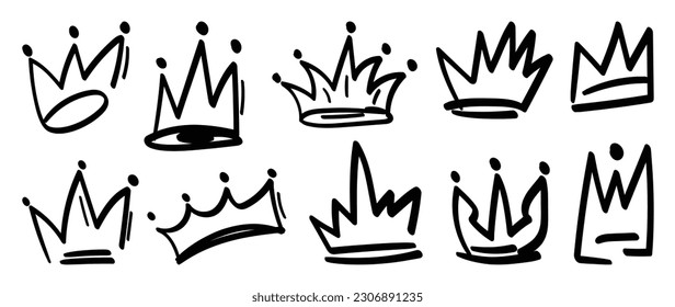 Conjunto de coronas de doodle vectorial. El rey o la reina dibujados a mano corona lujosos accesorios para la cabeza de príncipe y princesa, diademos. Diseño de la colección de ilustración de tiara de la cabeza real para graffiti, decorativo.