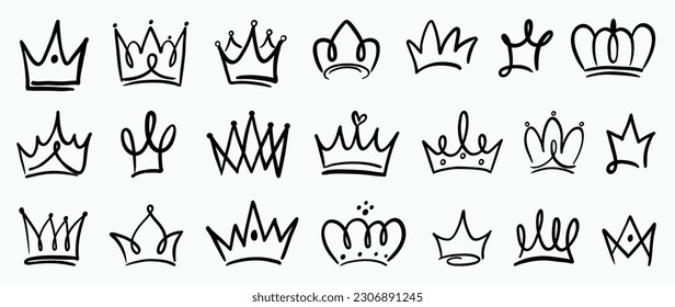 Conjunto de coronas de doodle vectorial. El rey o la reina dibujados a mano corona lujosos accesorios para la cabeza de príncipe y princesa, diademos. Diseño de la colección de ilustración de tiara de la cabeza real para graffiti, decorativo.