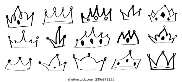 Set of doodle crowns vector. Hand drawn king or queen crowns luxurious prince and princess head accessories, diadems. Royal head tiara illustration collection design for graffiti, decorative.