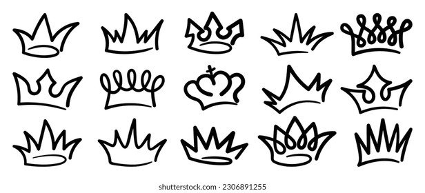 Set of doodle crowns vector. Hand drawn king or queen crowns luxurious prince and princess head accessories, diadems. Royal head tiara illustration collection design for graffiti, decorative.