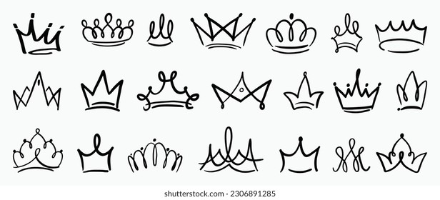 Set of doodle crowns vector. Hand drawn king or queen crowns luxurious prince and princess head accessories, diadems. Royal head tiara illustration collection design for graffiti, decorative. svg
