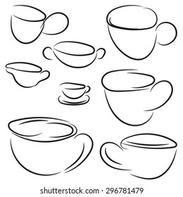 Set of doodle cup. Vector sketch black collection. Hand drawn abstract symbol for cafe or restaurant menu