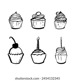 Juego de cupcakes de garabatos. Ilustración dibujada a mano en blanco y negro de cupcakes decorados con crema, cereza y vela. Aislado sobre fondo blanco. 