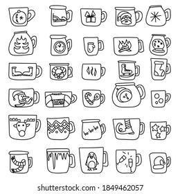 Set of doodle cups with Christmas symbols as decor, coloring page with cozy mugs, outline vector illustration for design and creativity