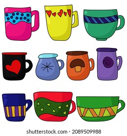 Set of doodle cups of different colors, cartoon style mugs with ornate patterns vector illustration