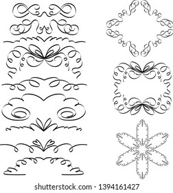 Set of doodle curly shape strokes and frames or borders.