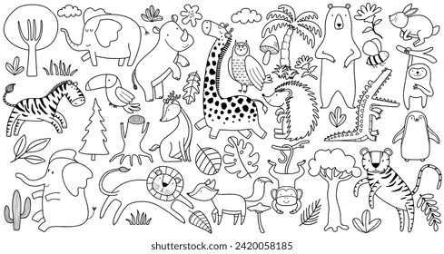 Set of doodle cute animal, bear, tiger, crocodile, penguin, rhino, deer, hippo, monkey, rabbit, elephant, owl, wolf, fox, lion, squirrel, zebra, giraffe, hedgehog, toucan.