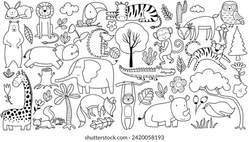 Set of doodle cute animal, bear, tiger, crocodile, penguin, rhino, deer, hippo, monkey, rabbit, elephant, owl, wolf, fox, lion, squirrel, zebra, giraffe, hedgehog, toucan.