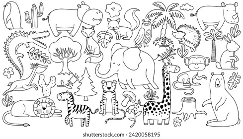 Set of doodle cute animal, bear, tiger, crocodile, penguin, rhino, deer, hippo, monkey, rabbit, elephant, owl, wolf, fox, lion, squirrel, zebra, giraffe, hedgehog, toucan.