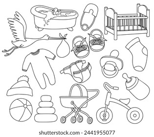 Set of doodle cute baby accessory. Set of Cute Elements for a Newborn baby . Isolated on white background