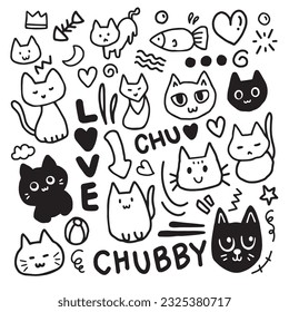 Set of doodle cute cat handdrawn for element and background