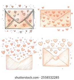 Set doodle cute envelope and heart for Valentine's day element